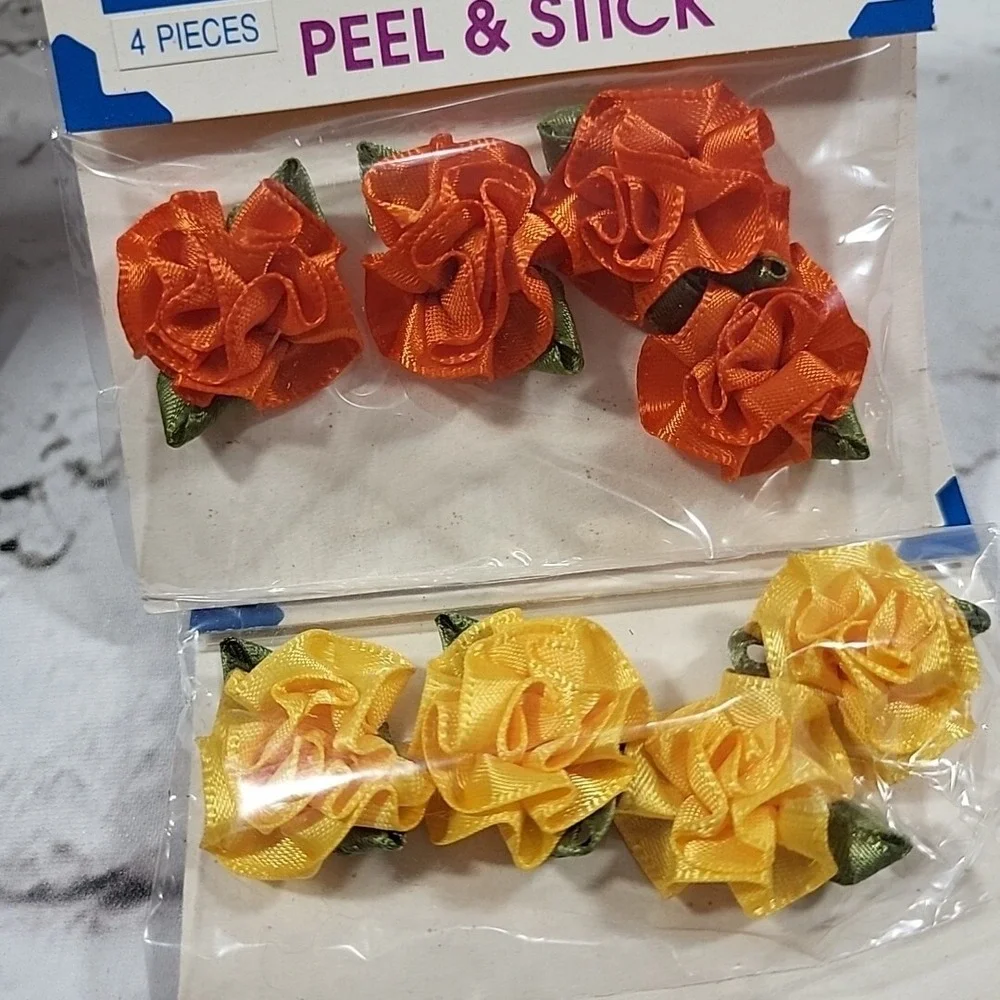 Vintage Peel & Stick Ribbon Roses‎ Lot Of 5 Packs Yellow Blue Orange Crafts